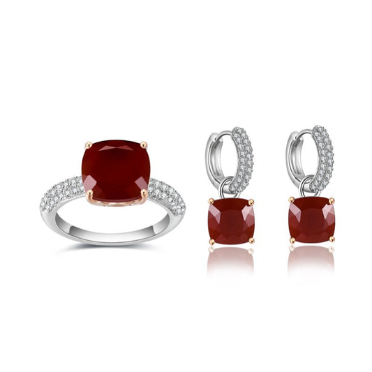 Vintage Square Gemstone Set Natural Pink Crystal s925Sterling Silver Ring Earrings Aquamarine Chalcedony Red Agate Jewelry