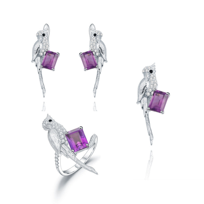 Designer High-End Natural Gemstone Jewelry Set Bird Design925Silver Ring Earrings Pendant