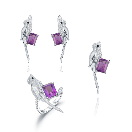 Designer High-End Natural Gemstone Jewelry Set Bird Design925Silver Ring Earrings Pendant