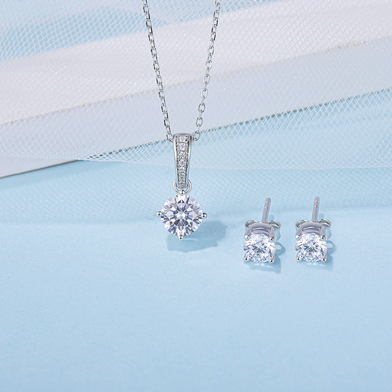 Fashion Earrings and Necklace Set s925Sterling Silver Four-Claw Inlay D Color Moissanite Jewelry Set
