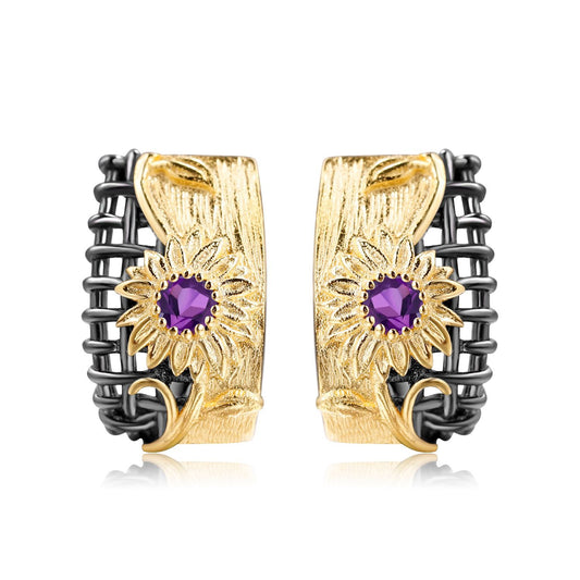 Italian Craft Designer Earrings Natural Style Floral Design925Silver Natural Amethyst Stud Earrings