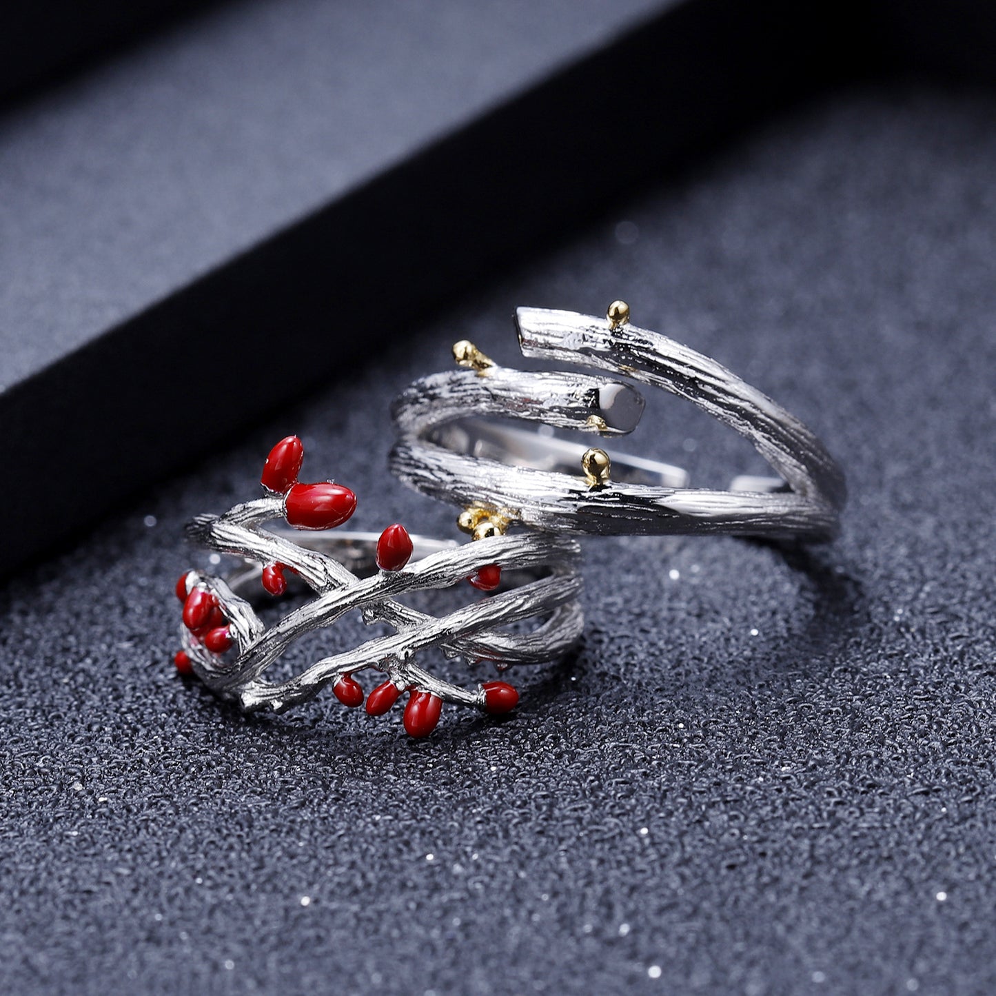 Niche Design Resin s925Sterling Silver Couple Rings Adjustable Open Natural Style Tree Branch Adjustable Rings Pair