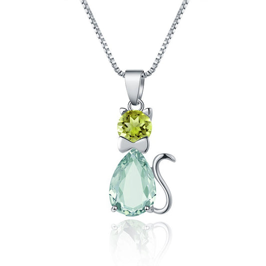 Luxurious and Unique Design Natural Gemstone Cat Pendant with a High-End Feel s925Silver Inlaid Green Amethyst Necklace Pendant