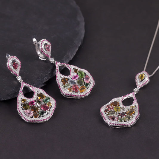 Natural Tourmaline Jewelry Set s925Sterling Silver Inlaid Gemstone Earrings Pendant Hot Sale New Product