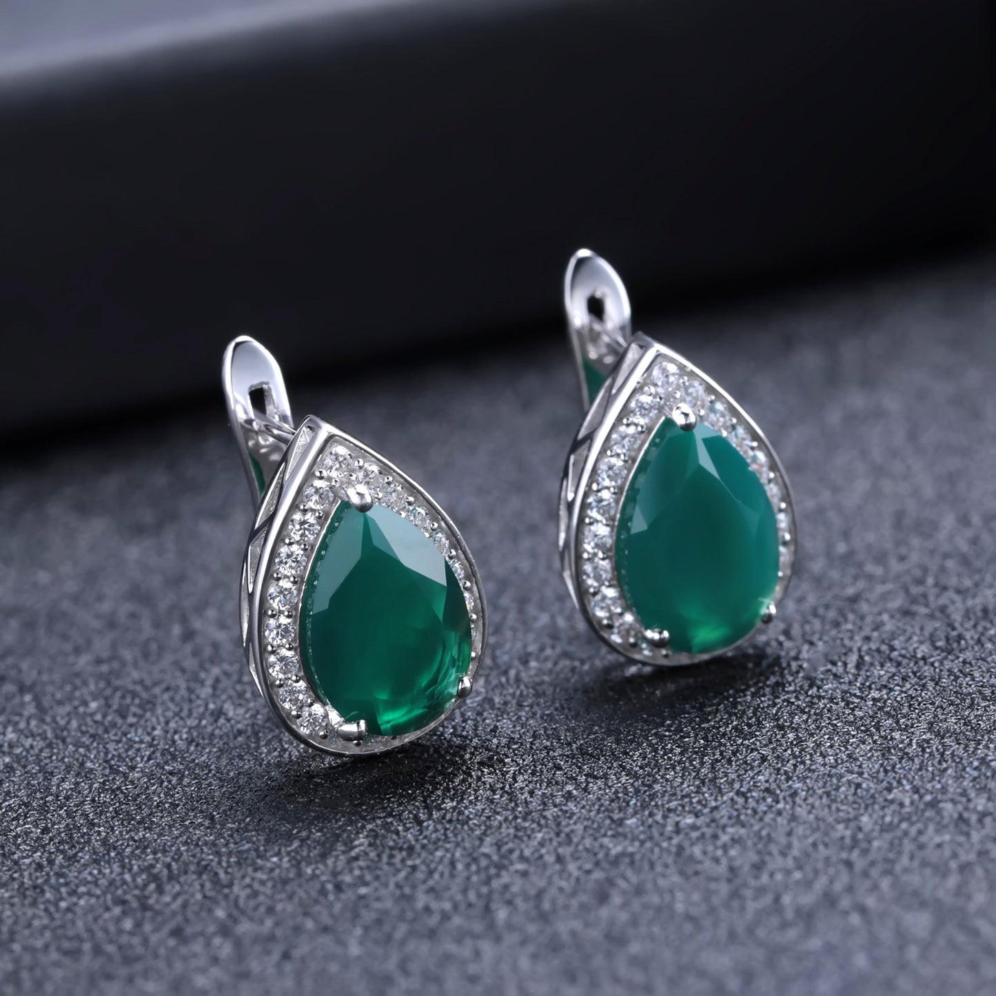 Hong Kong Style Retro Natural Stone Earrings s925Silver Inlaid Green Agate Earrings Water Drop Pear-shaped Gemstone Drop Earrings