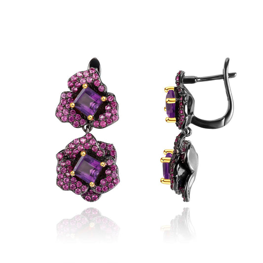 Designer Natural Gemstone Earrings Natural Style Floral Series Russian Luxury s925Silver Amethyst Earrings