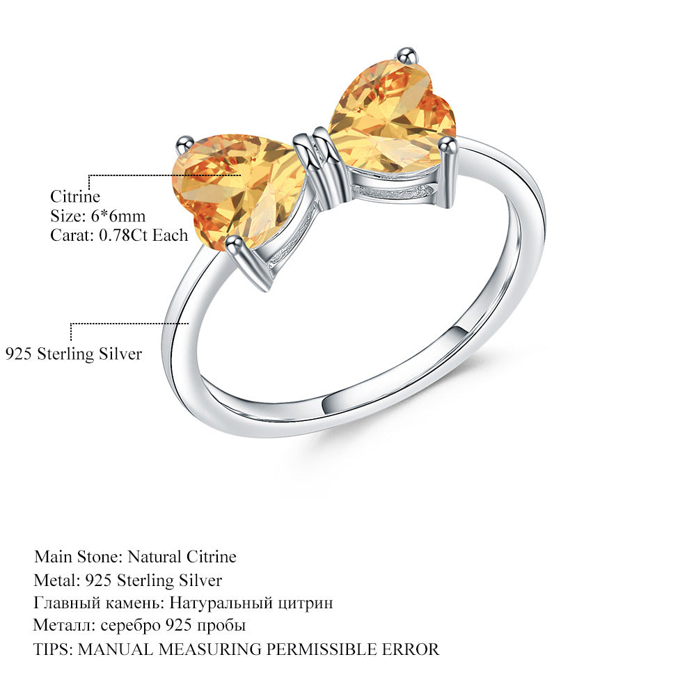 Heart Gemstone Bowknot Ring for Women Vintage Inlaid with Natural Stone s925Silver Amethyst Ring