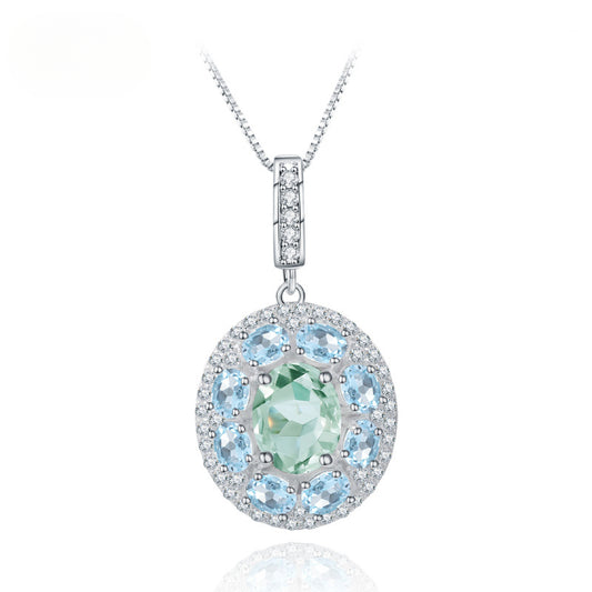 Luxurious High-End Natural Gemstone Necklace Pendant s925Sterling Silver Inlaid Natural Topaz Green Amethyst Pendant