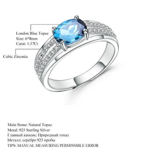 Natural Topaz Ring Fashionable Simple Light Luxury s925Silver Inlay1.6Carat Natural Sapphire Ring
