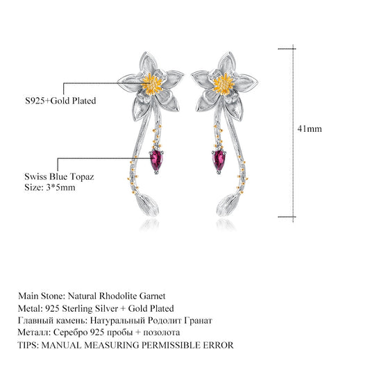 Designer High-End Gemstone Earrings Natural Style Floral Design925Silver Natural Rose Garnet Earrings