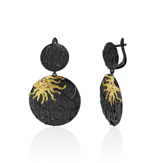 Designer Dark Retro Style Earrings Shan Hai Jing Sun Chaser Design s925Silver Natural Yellow Crystal Earrings