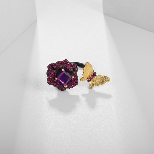 Designer Natural Amethyst Ring Natural Style Butterfly Floral Russia s925Silver Adjustable Open Ring