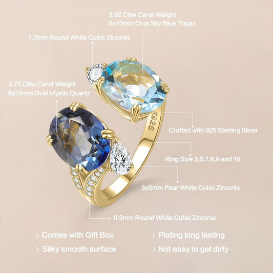 Y&M Large Carat Gemstone Adjustable Ring s925Sterling Silver Inlaid Natural Topaz Twin Rings Hot Sale