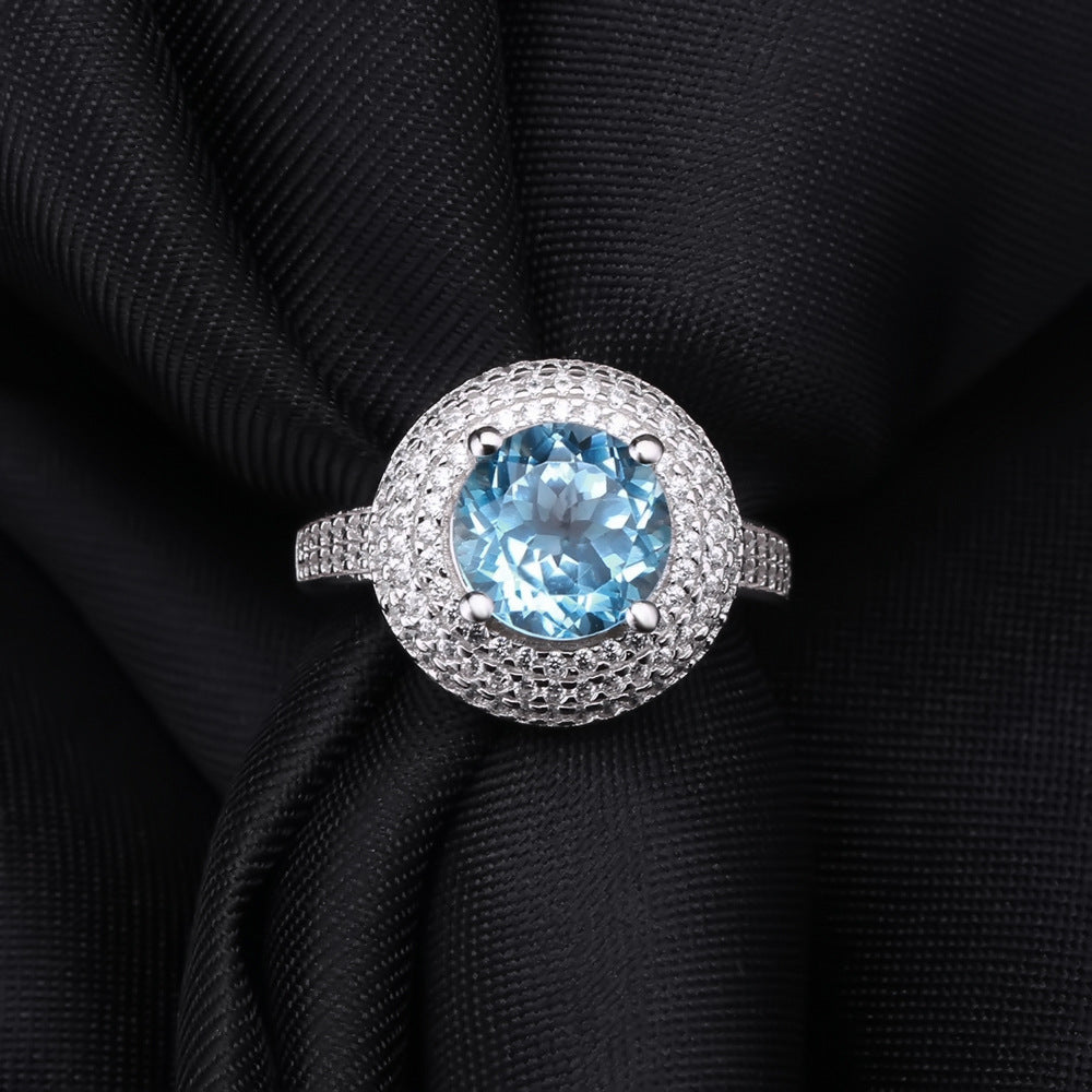 s925Silver Inlaid Natural Topaz Ring Fashionable Light Luxury High-End Cluster Inlaid Diamond Natural Gemstone Ring