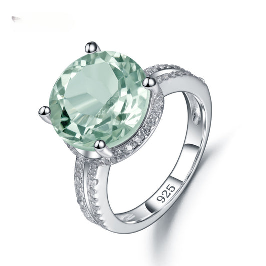 s925Sterling Silver Natural Green Amethyst Ring High-end Fashionable Luxurious Inlaid Natural Gemstone Ring
