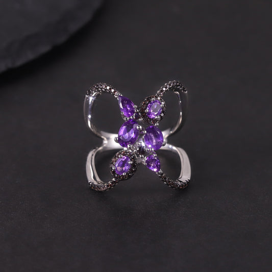 Butterfly Shape Original Design Natural Topaz Ring s925Silver Cluster Inlaid Amethyst Dark Style Couple Rings