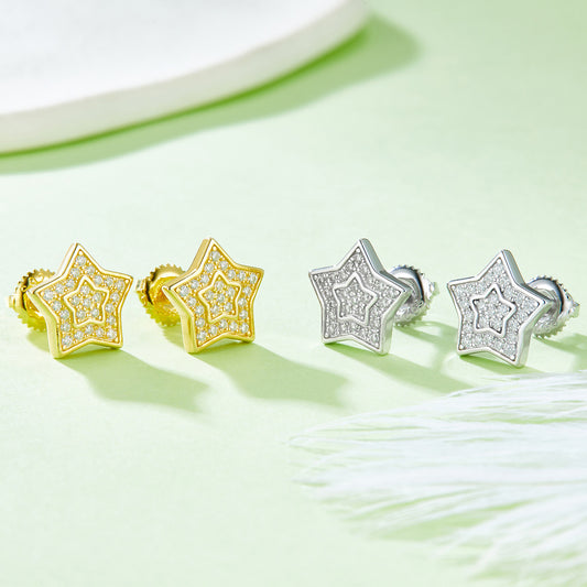 Foreign Trade Fine Craft Five-Pointed Star Earrings s925Sterling Silver Moissanite Inlaid Women's Gold Color Personality Earrings Hot Sale