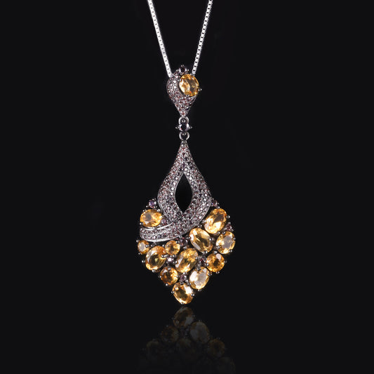 Popular Natural Crystal Garnet Necklace Black s925Sterling Silver Inlaid Colored Gemstone Pendant Retro