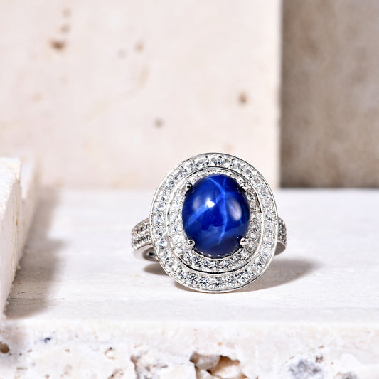 Luxurious Cultivated Star Sapphire Ring s925Sterling Silver Inlaid5Carat Large Gemstone Ring