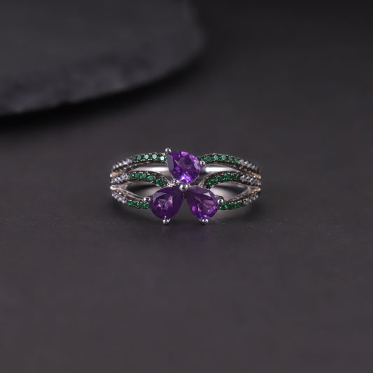 Luxurious Diopside Ring s925Sterling Silver Inlaid Natural Topaz Amethyst Ring Autumn Winter Decorative Hand Jewelry