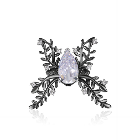 Unique Textured Ring Black Zircon Agate Hand Jewelry Niche Design Sense S925sterling silver female butterfly ring