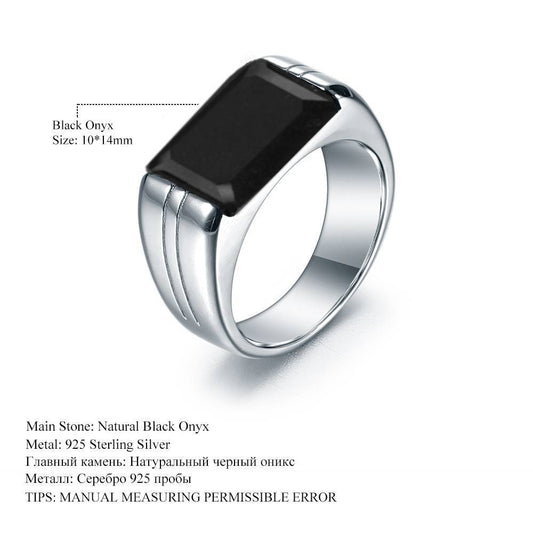 Designer Natural Black Agate Men's Ring High-end and Elegant s925Silver Inlaid Square Gemstone Malachite Ring