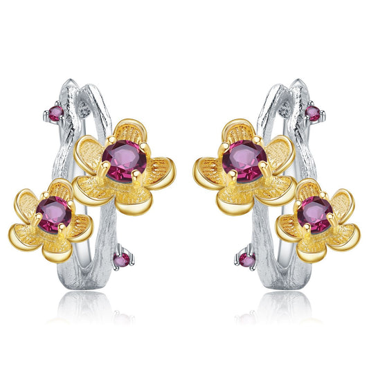 Italian Craft Designer Gemstone Earrings Natural Style Flowers925Silver Natural Rose Garnet Stud Earrings