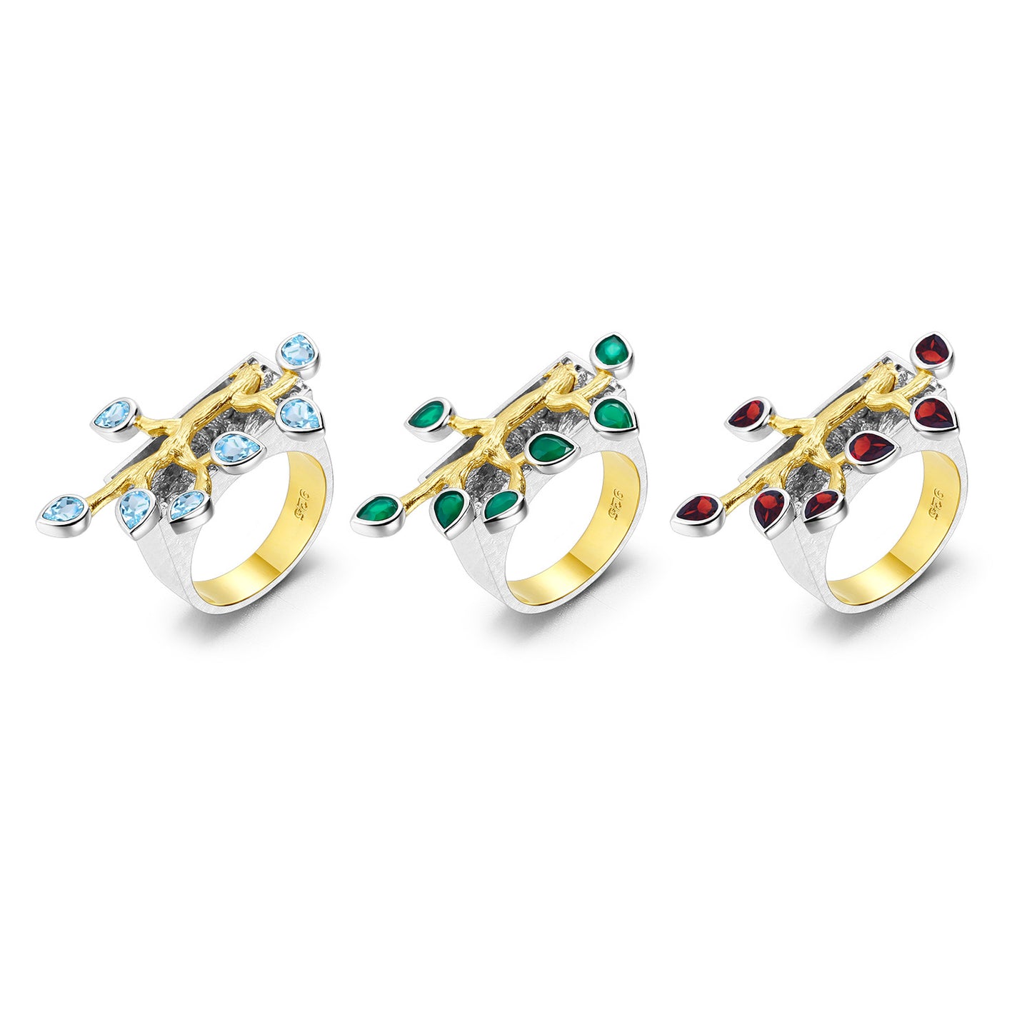 Designer Natural Topaz Ring with Floral Branches and Jade Leaves High-end Design s925Silver Inlaid Gemstone Ring