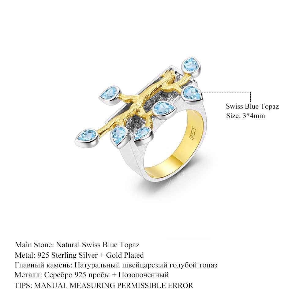 Designer Natural Topaz Ring with Floral Branches and Jade Leaves High-end Design s925Silver Inlaid Gemstone Ring
