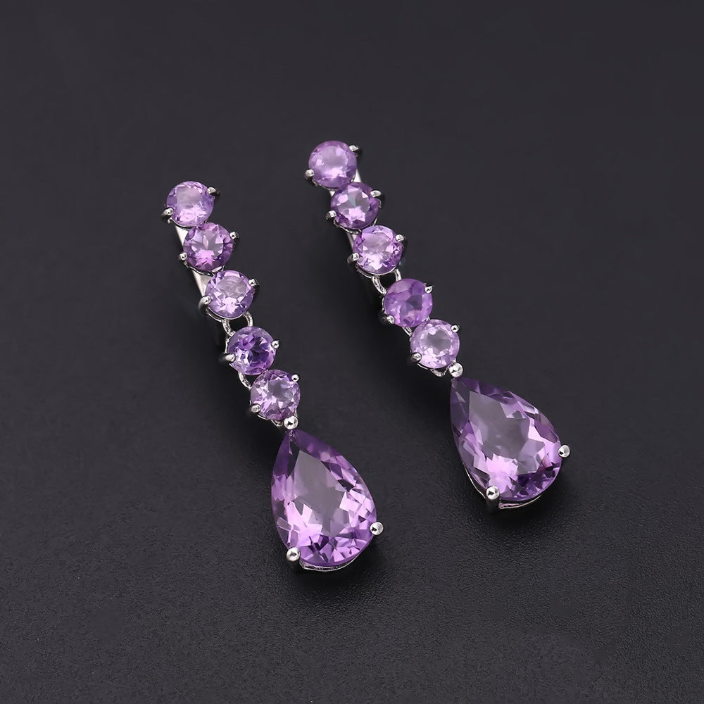 Luxurious High-End Natural Amethyst Earrings Banquet Matching s925Silver Inlaid Natural Gemstone Earrings