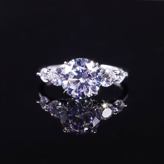 Personality Ring s925Sterling Silver Inlaid with Moissanite2.5Carat Round Large Main Stone Ring