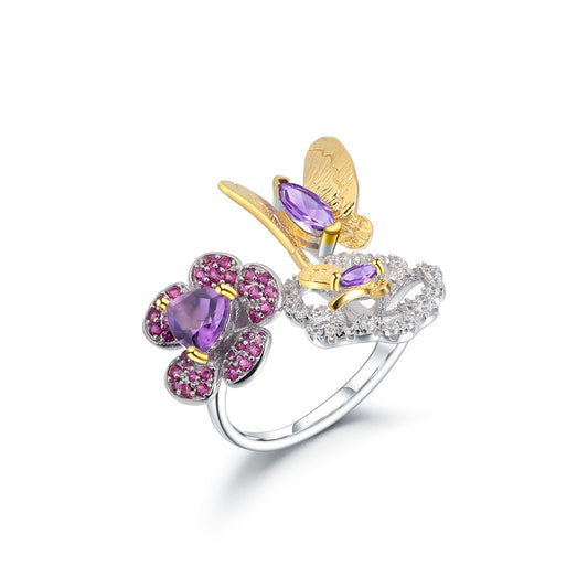 Designer Natural Amethyst Ring Natural Style Butterfly Flower Design925Silver Adjustable Open Ring