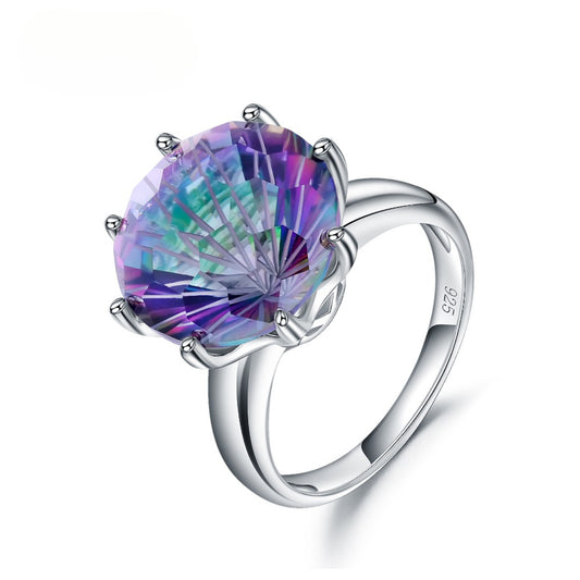 Luxury14*14mm Colorful Gemstone Ring Fashion High-End Sense s925Silver Inlaid Colorful Crystal Ring