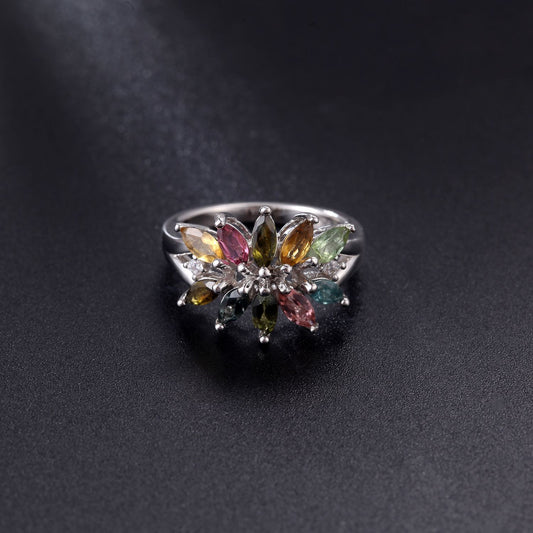 Unique Natural Topaz Ring s925Silver Tourmaline Garnet Peridot Gemstone Ring