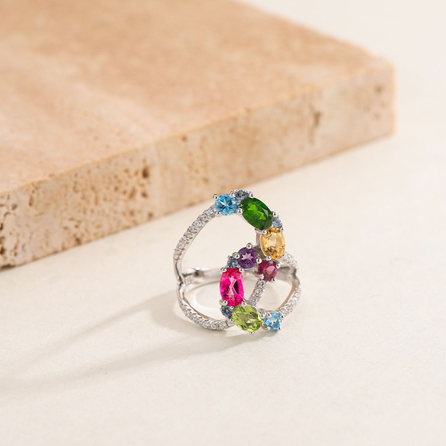 New Original Design Natural Colorful Gemstone Ring for Men and Women, Niche Irregular S925Sterling Silver Topaz Ring