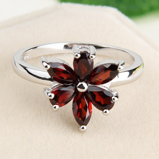 Flower Gemstone Ring for Women s925Sterling Silver Inlaid Natural Garnet Ring Sweet Style Silver Jewelry Wholesale In Stock