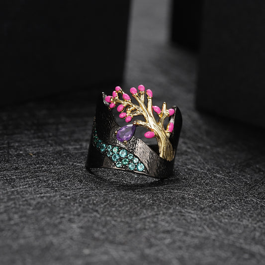 Designer Natural Style Tree of Life Ring Italian Craft Retro s925Silver Natural Amethyst Ring