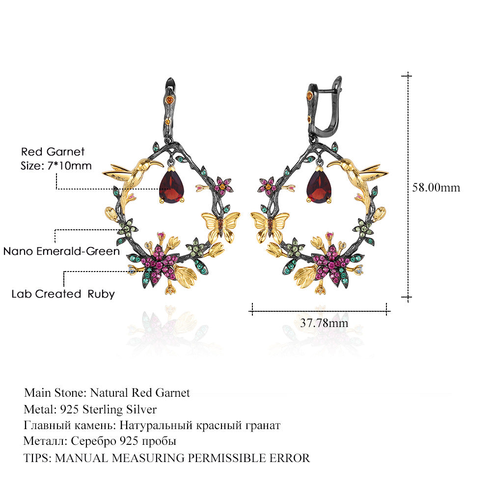Secret Garden Designer Gemstone Earrings with Birds and Floral Design925Silver Natural Amethyst Earrings Drop Earrings