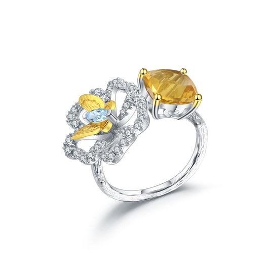 Designer Natural Yellow Crystal Ring Natural Style Butterfly Flower Design s925Silver Adjustable Open Ring