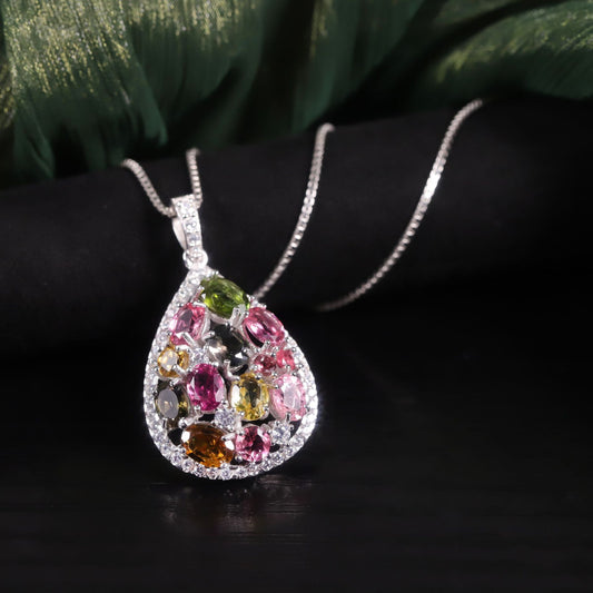 Fashion Natural Tourmaline Pendant Necklace s925Silver Inlaid Rainbow Gemstone Necklace Luxurious Pendant for Women