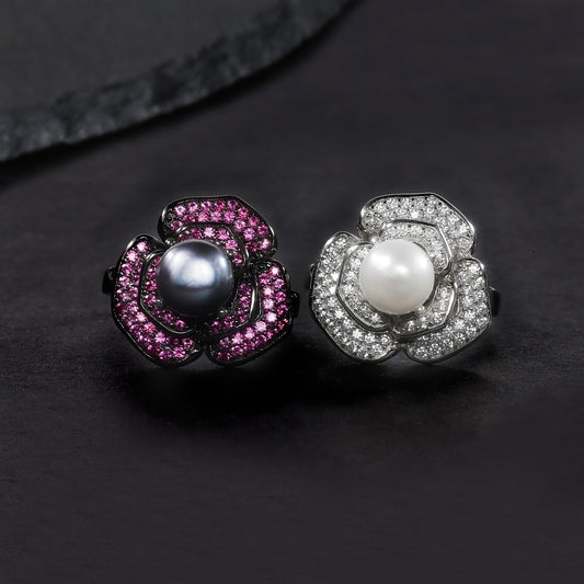 S925Sterling Silver Inlaid Natural Freshwater Pearl Ring Luxurious and Sophisticated Floral Design7mm Bread Bead Ring