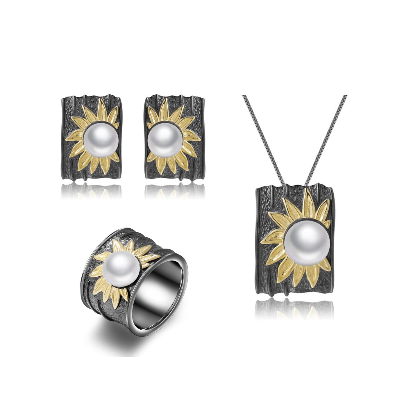 High-end Designer Pearl Ring Natural Style Sunflower Flowers s925Silver Natural Freshwater Beads Ring