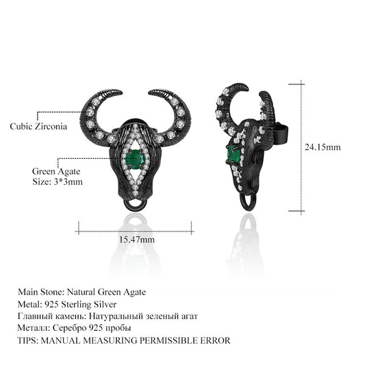 Designer Style Shan Hai Jing Bull Head Earrings Dark Retro Style High-end Feel s925Silver Green Agate Stud Earrings