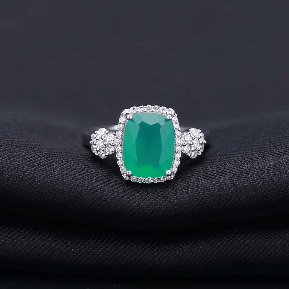 Design Sense Natural Green Agate Ring Luxurious Fashionable Elegant925Sterling Silver Inlaid Natural Gemstone Ring
