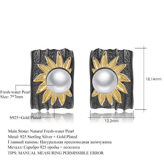Designer High-End Pearl Earrings Natural Style Sunflower Flowers925Silver Natural Freshwater Pearl Stud Earrings