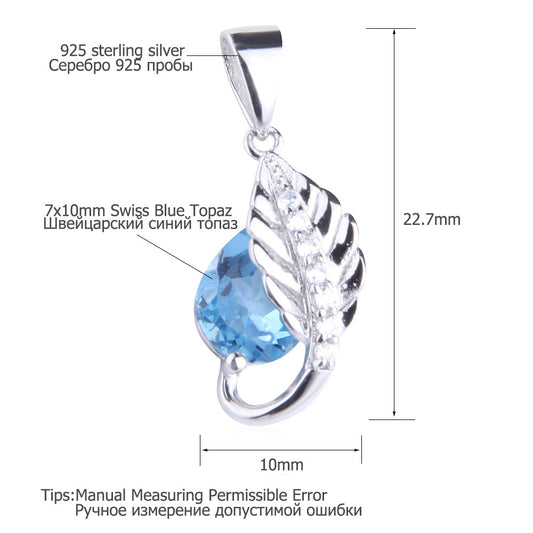 Niche Design Natural Blue Gemstone Pendant s925Sterling Silver Inlaid Topaz Necklace Leaf Shape Pendant