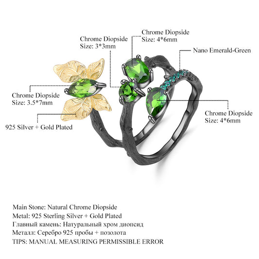 Secret Garden Series Original Design Ring Natural Style Butterfly925Sterling Silver Natural Diopside Ring