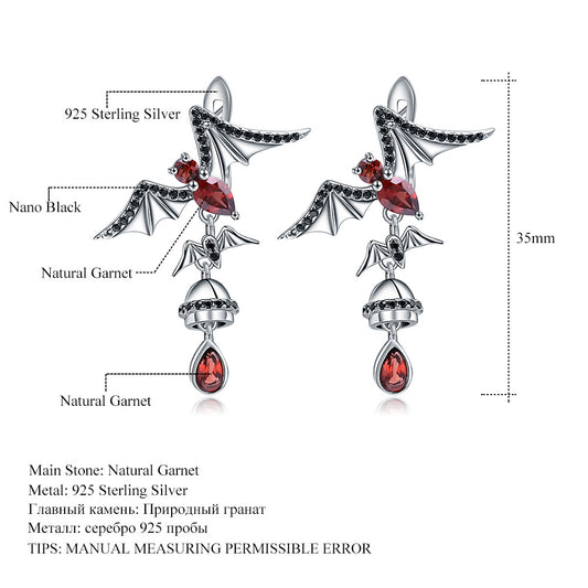 Dark Series Designer Gemstone Earrings bat design s925Sterling Silver Inlaid Natural Garnet Earrings