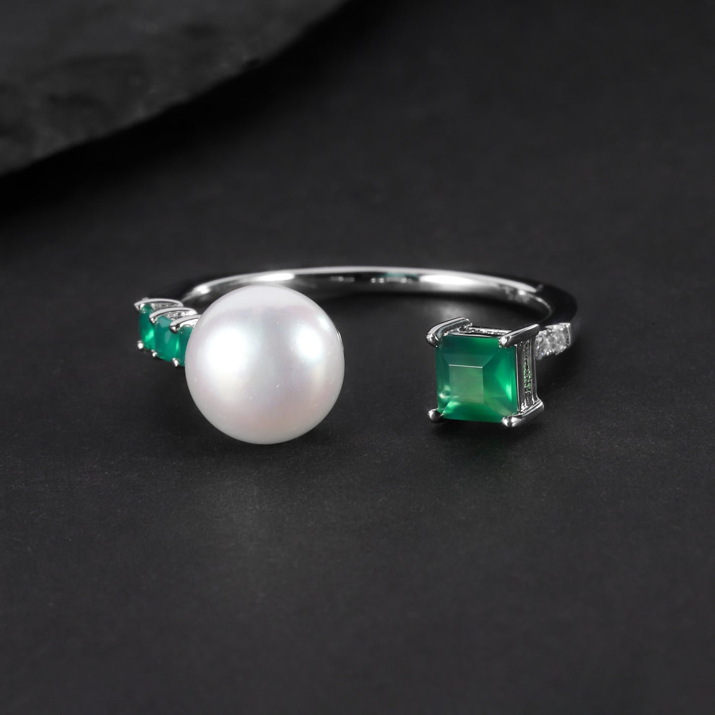 S925Sterling Silver Natural Freshwater Pearl Adjustable Open Ring for Women Fashionable Light Luxury Natural Green Agate Ring
