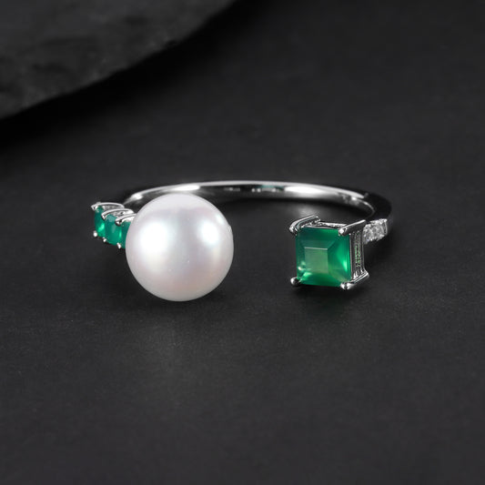 S925Sterling Silver Natural Freshwater Pearl Adjustable Open Ring for Women Fashionable Light Luxury Natural Green Agate Ring